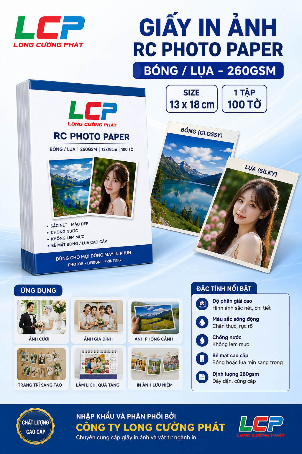 Giấy in ảnh cao cấp RC Photopaper Lụa khổ 13 X 18cm,định lượng 260gsm